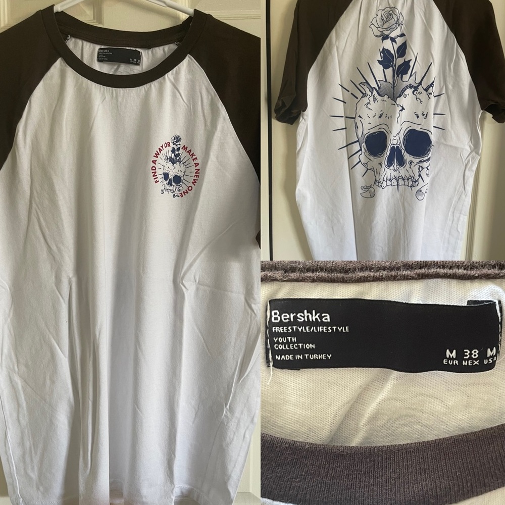 Bershka skull & rose baseball short sleeve t-shirt